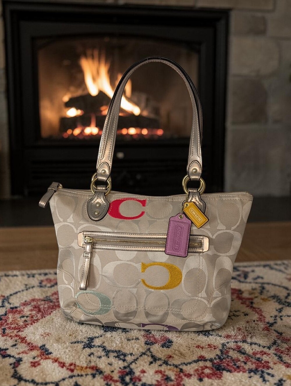 Coach Poppy Embossed Signature Logo Multicolor Tote